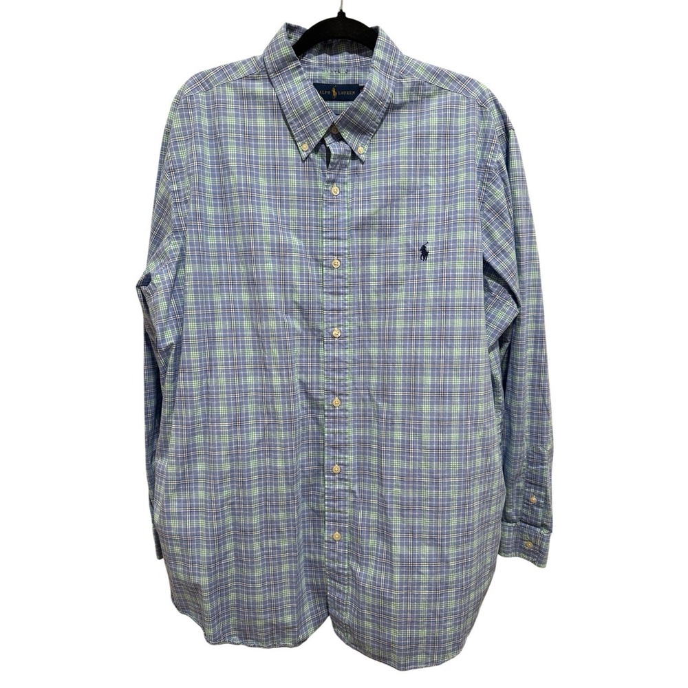 Ralph Lauren Button Down Shirt Mens‎ XXL Blue Green Plaid Long Sleeve Shirt